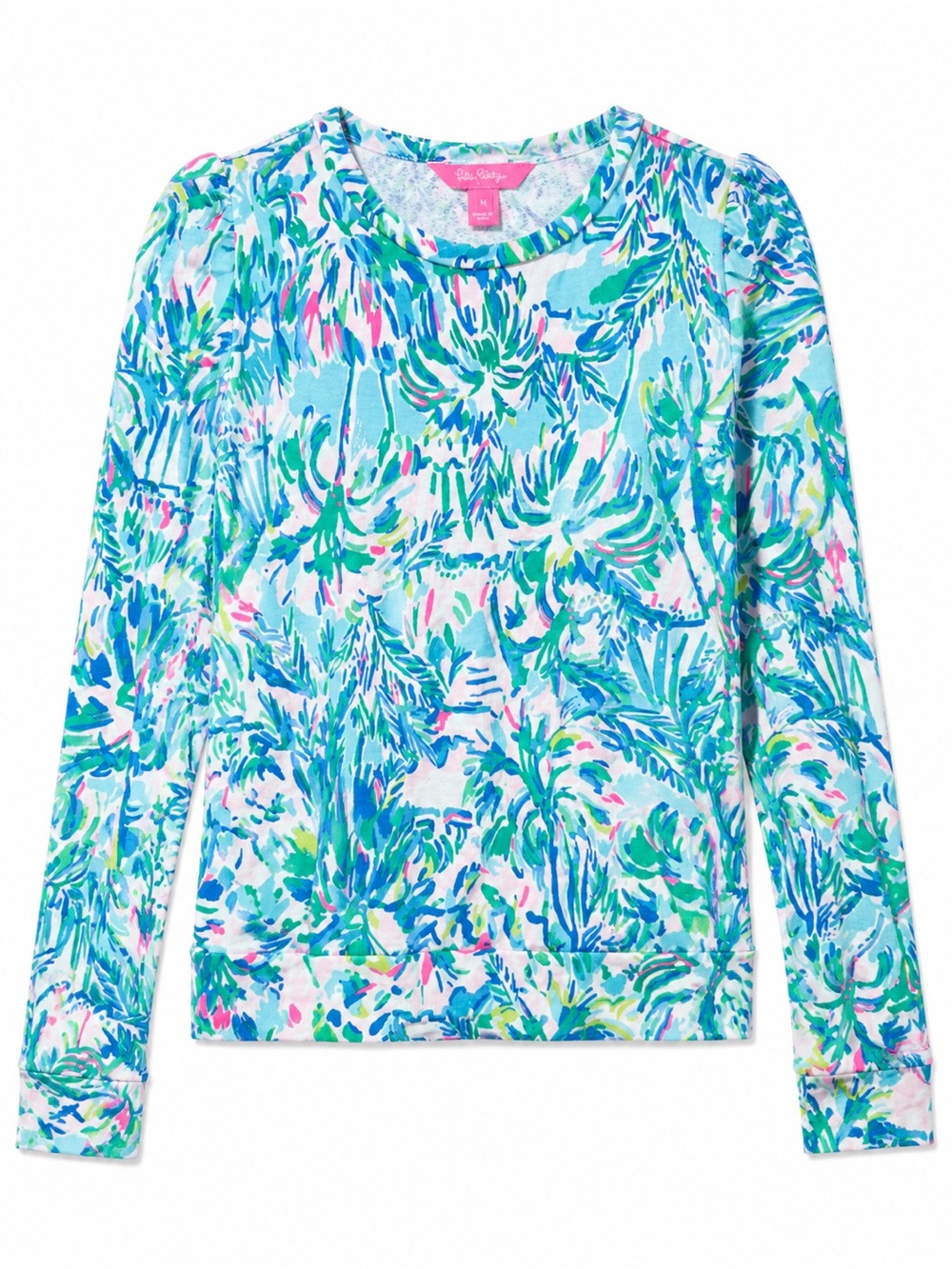 Lilly Pulitzer Puff Sleeve Sweatshirt M Pink Blue Tropical Floral Cotton Crew